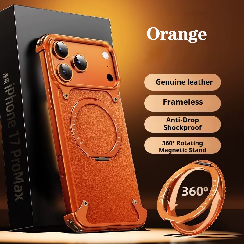 for Iphone 17 Pro Max Air Phone Case Genuine Leather Magsafe Frameless Shell with 360°Rotate Magnetic Stand Anti-Drop Cover