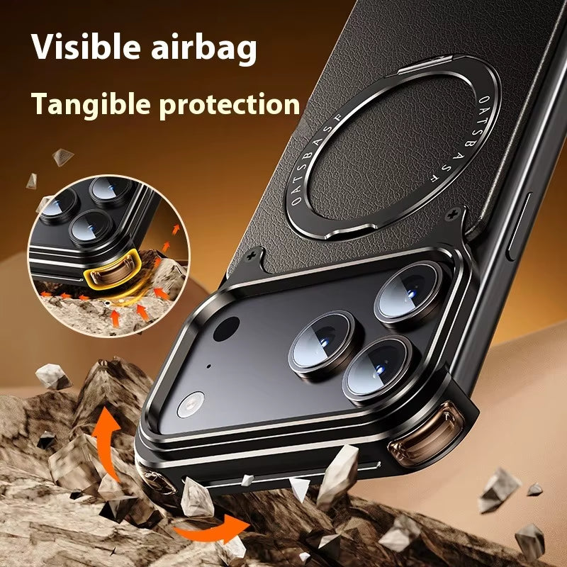 for Iphone 17 Pro Max Air Phone Case Genuine Leather Magsafe Frameless Shell with 360°Rotate Magnetic Stand Anti-Drop Cover