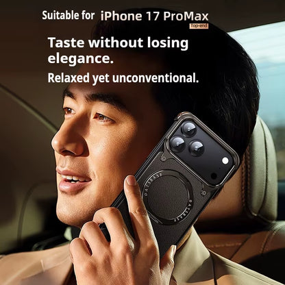 for Iphone 17 Pro Max Air Phone Case Genuine Leather Magsafe Frameless Shell with 360°Rotate Magnetic Stand Anti-Drop Cover