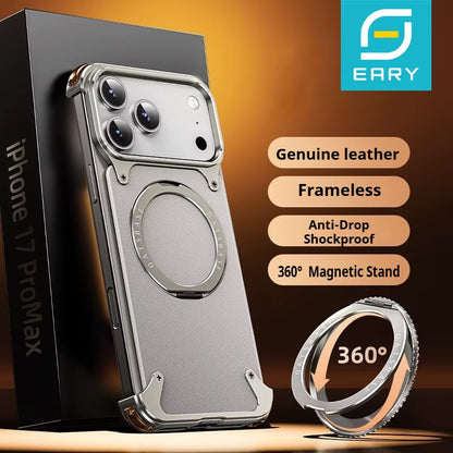 for Iphone 17 Pro Max Air Phone Case Genuine Leather Magsafe Frameless Shell with 360°Rotate Magnetic Stand Anti-Drop Cover