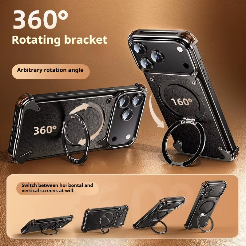 for Iphone 17 Pro Max Air Phone Case Genuine Leather Magsafe Frameless Shell with 360°Rotate Magnetic Stand Anti-Drop Cover