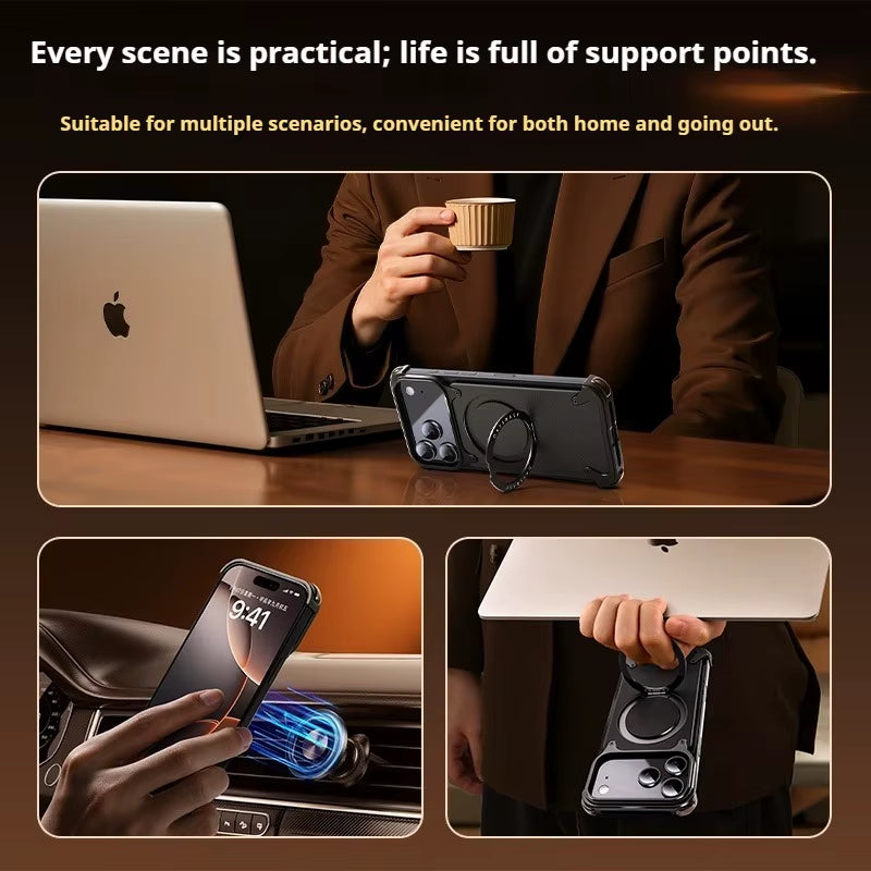 for Iphone 17 Pro Max Air Phone Case Genuine Leather Magsafe Frameless Shell with 360°Rotate Magnetic Stand Anti-Drop Cover