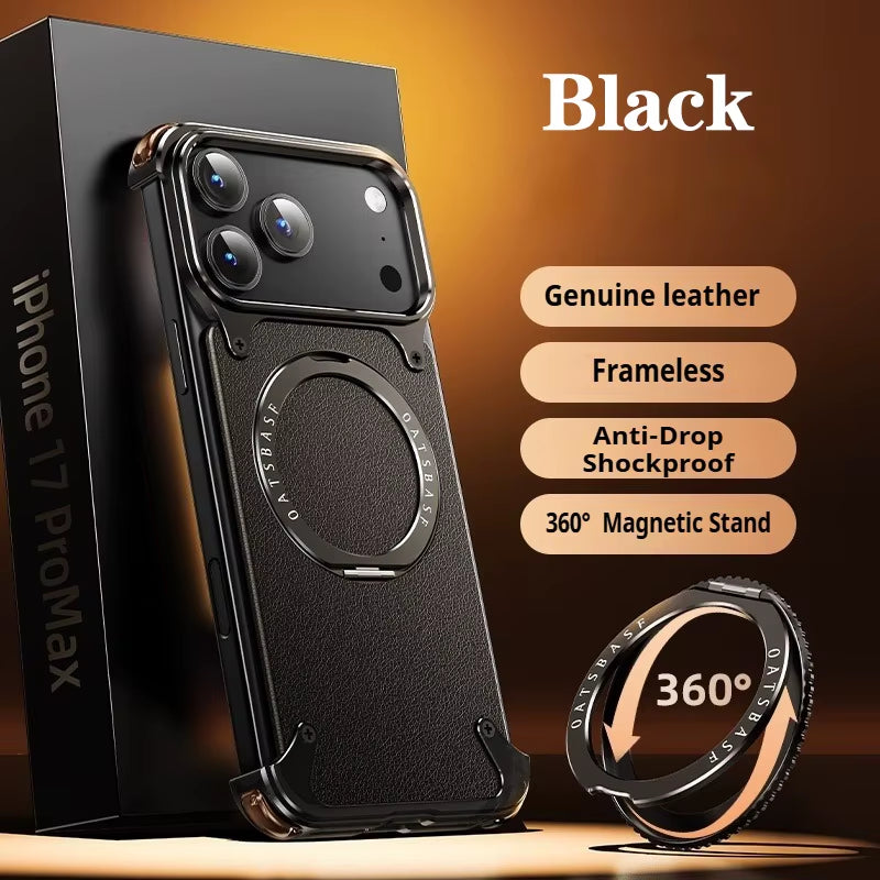 for Iphone 17 Pro Max Air Phone Case Genuine Leather Magsafe Frameless Shell with 360°Rotate Magnetic Stand Anti-Drop Cover